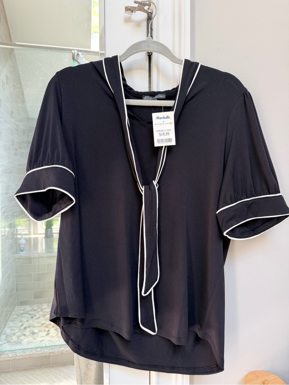Adrianna Papell Black Tie-Neck Blouse with White Piping